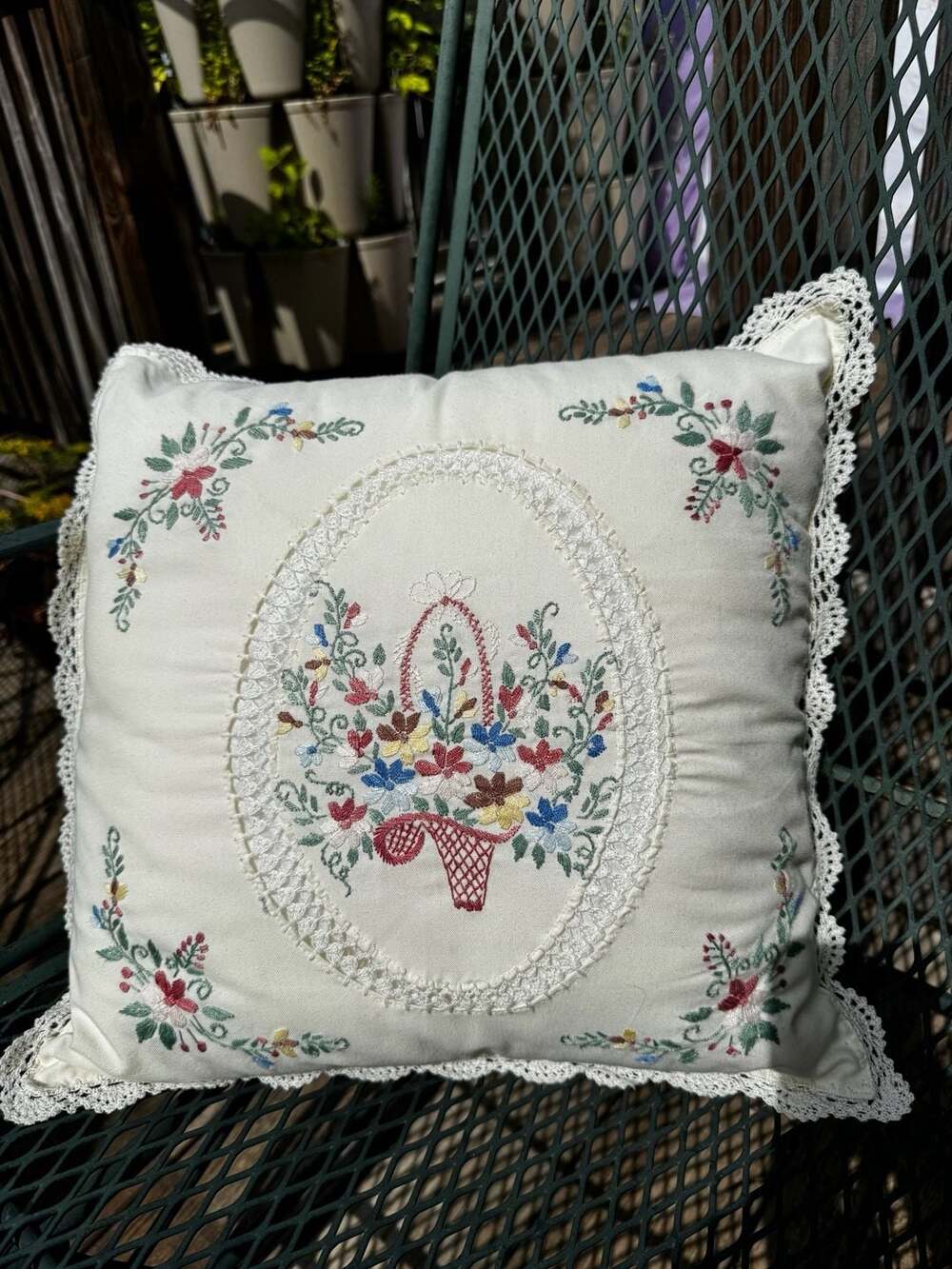 Vintage Hand-Embroidered Pillow with Crochet Trim